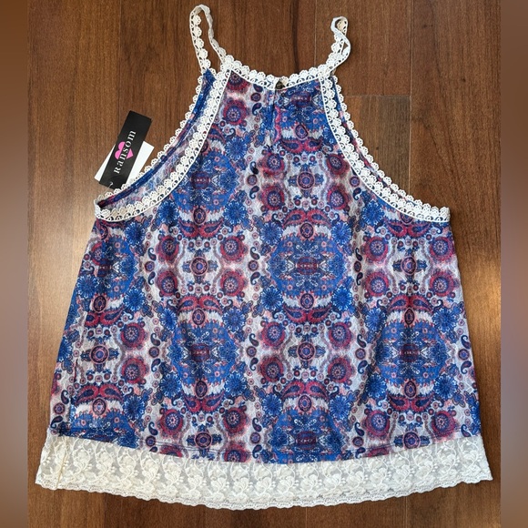 NWT RANSOM Women's Blue and White Lace Trim Top - Picture 4 of 8
